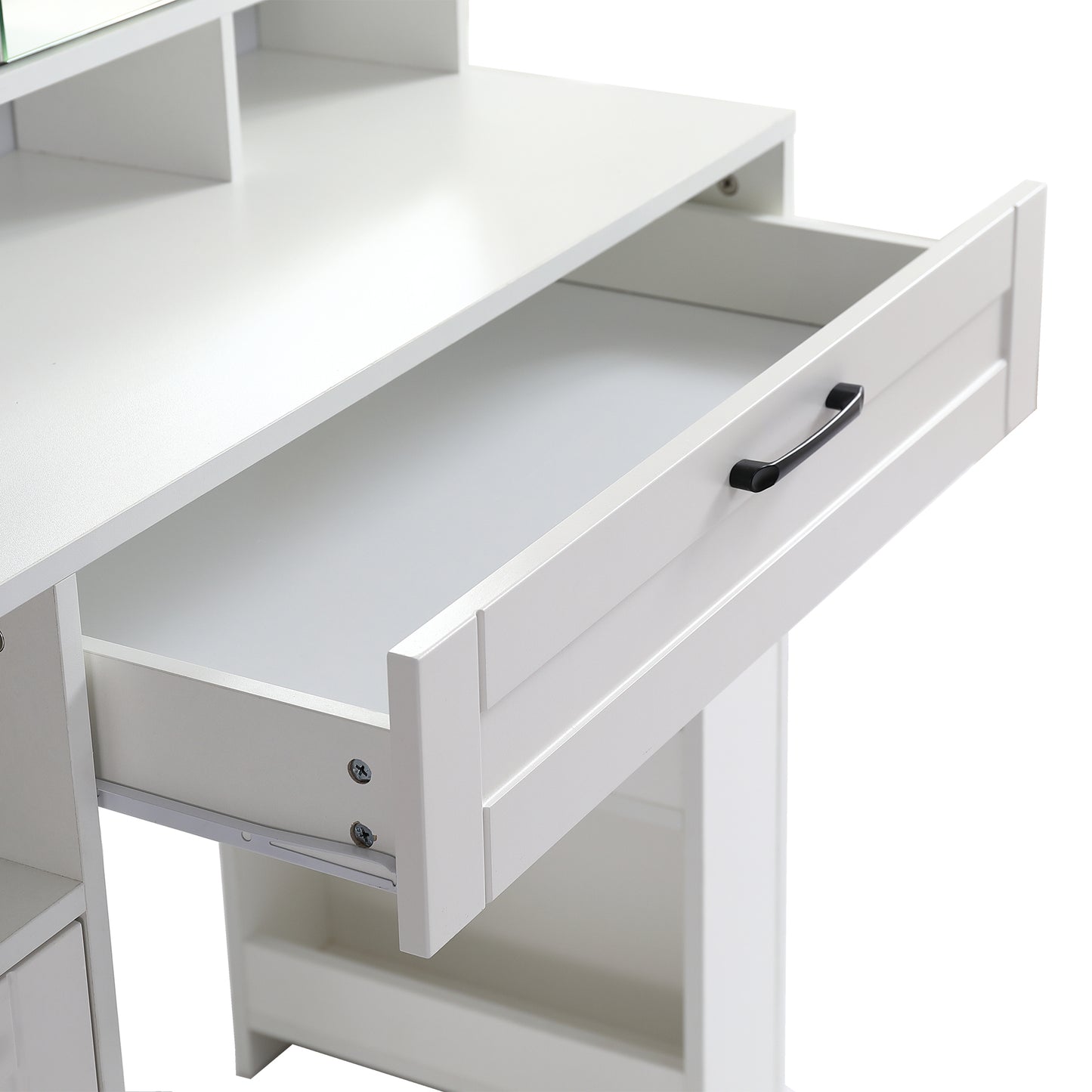 Vanity table with large sliding lighted mirror dressing table with 2 drawers storage shelves and upholstered stool white color eprolo