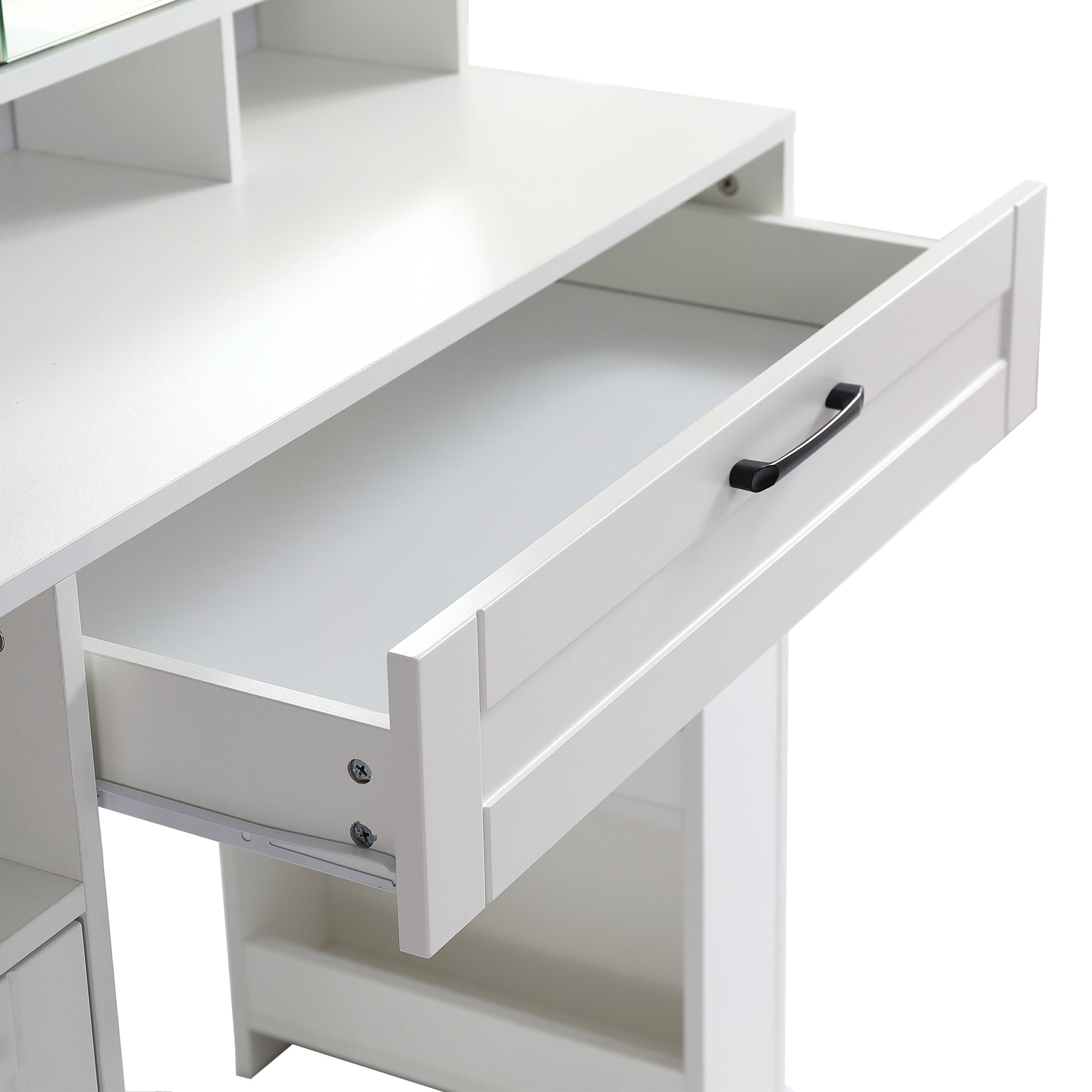 Vanity table with large sliding lighted mirror dressing table with 2 drawers storage shelves and upholstered stool white color eprolo