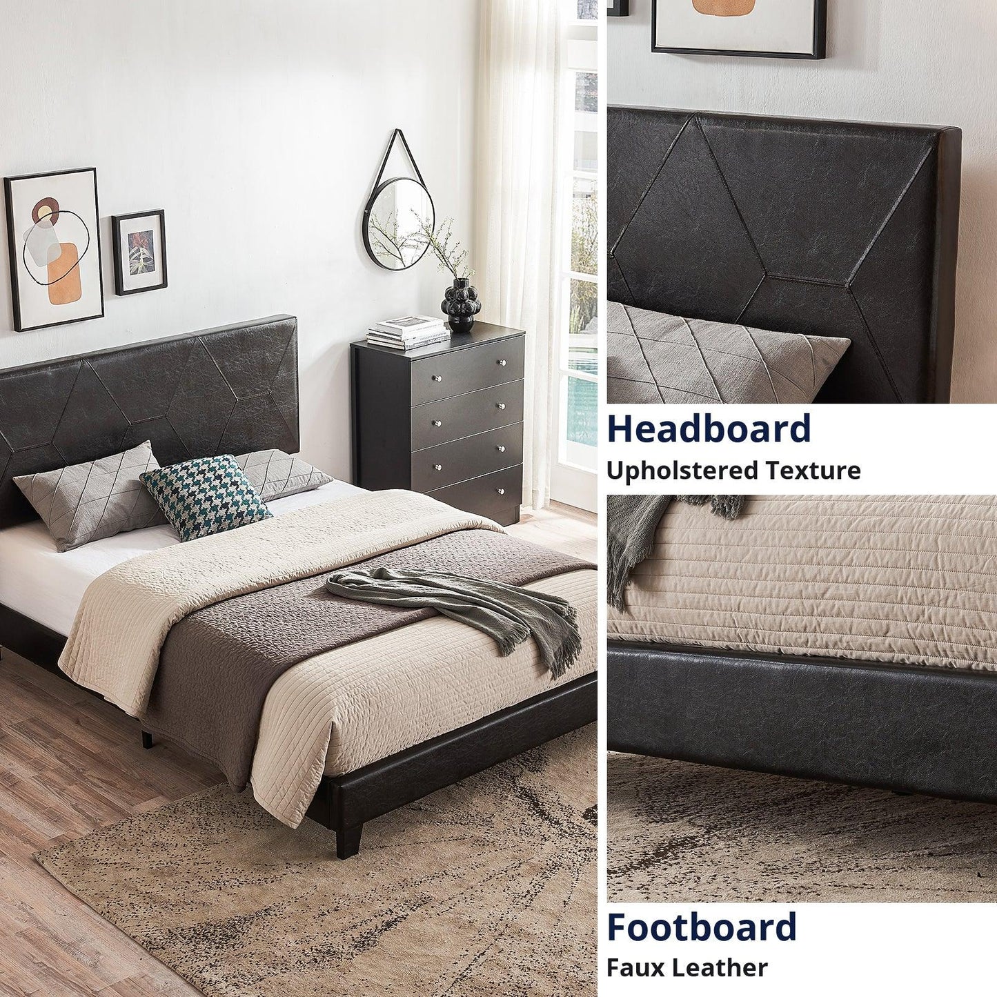 Queen Size Upholstered Platform Bed Frame Wood Slat Support Easy Assembly Black pu - Shello's Creative Boutique