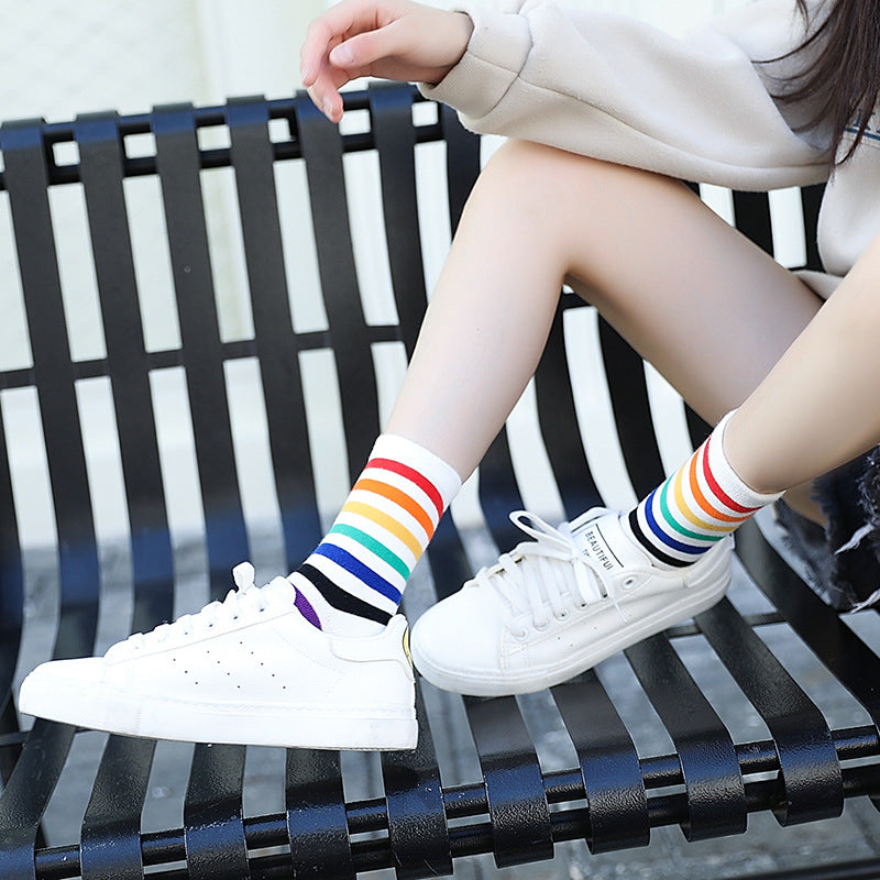 Rainbow Striped Harajuku Socks - Fun Cotton Short Socks for Women