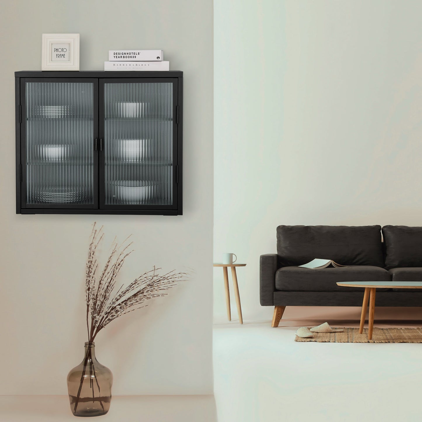 Retro Style Haze Double Glass Door Wall Cabinet With Detachable Shelves for Office Dining Room Living Room eprolo