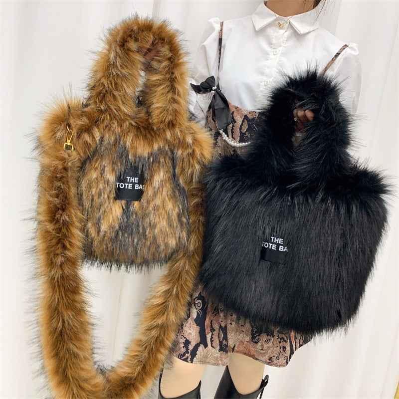Raccoon Fur Crossbody Tote Bag - Large Capacity Imitation Raccoon Fur Grass Plush Personalized Retro - Shello's Creative Boutique