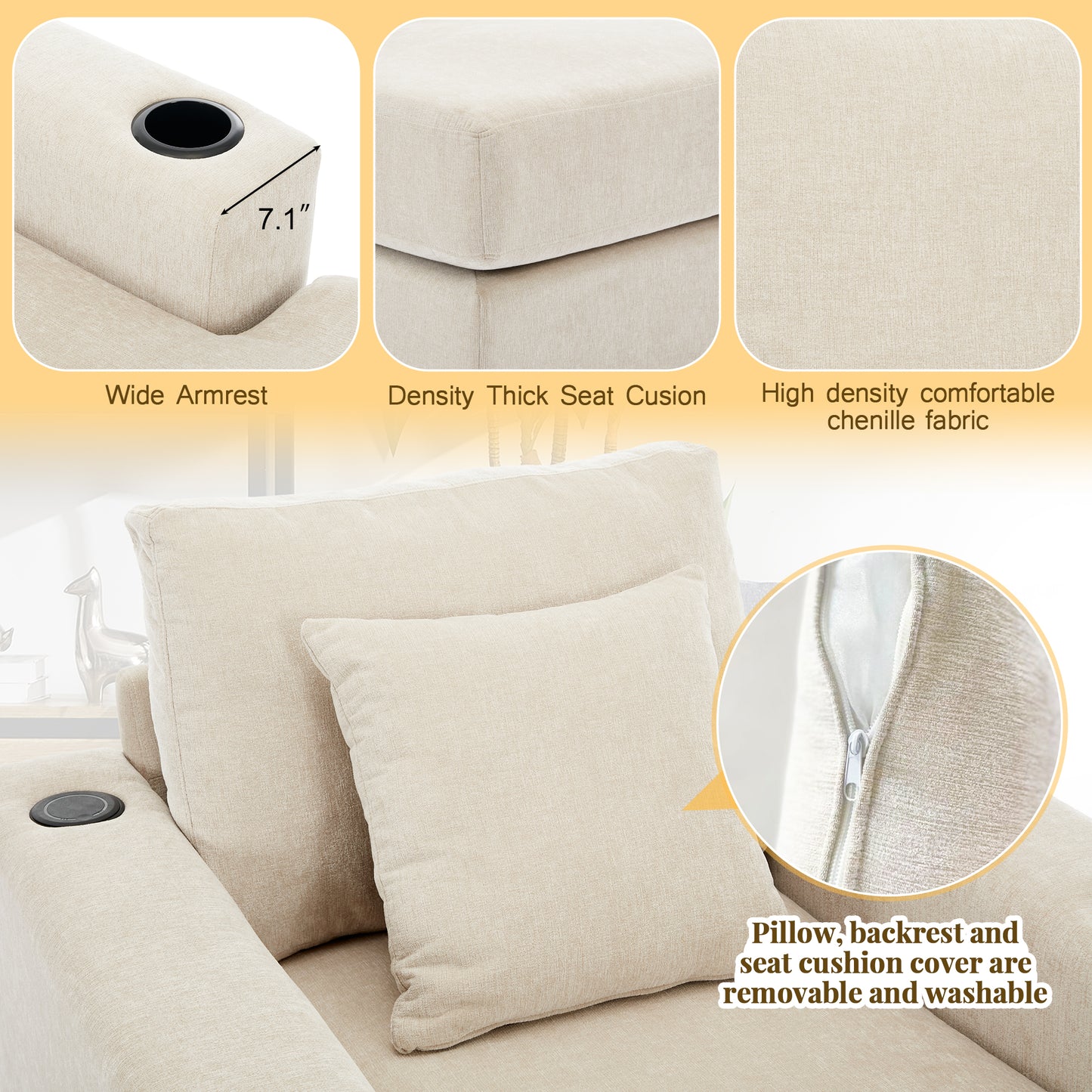 39.7" Oversized Chaise Lounger Modern Style Sofa Couch ,with Pillows, Charge Station & Cup Holders, Chenille Fabric, Cream Shello Creative Boutique