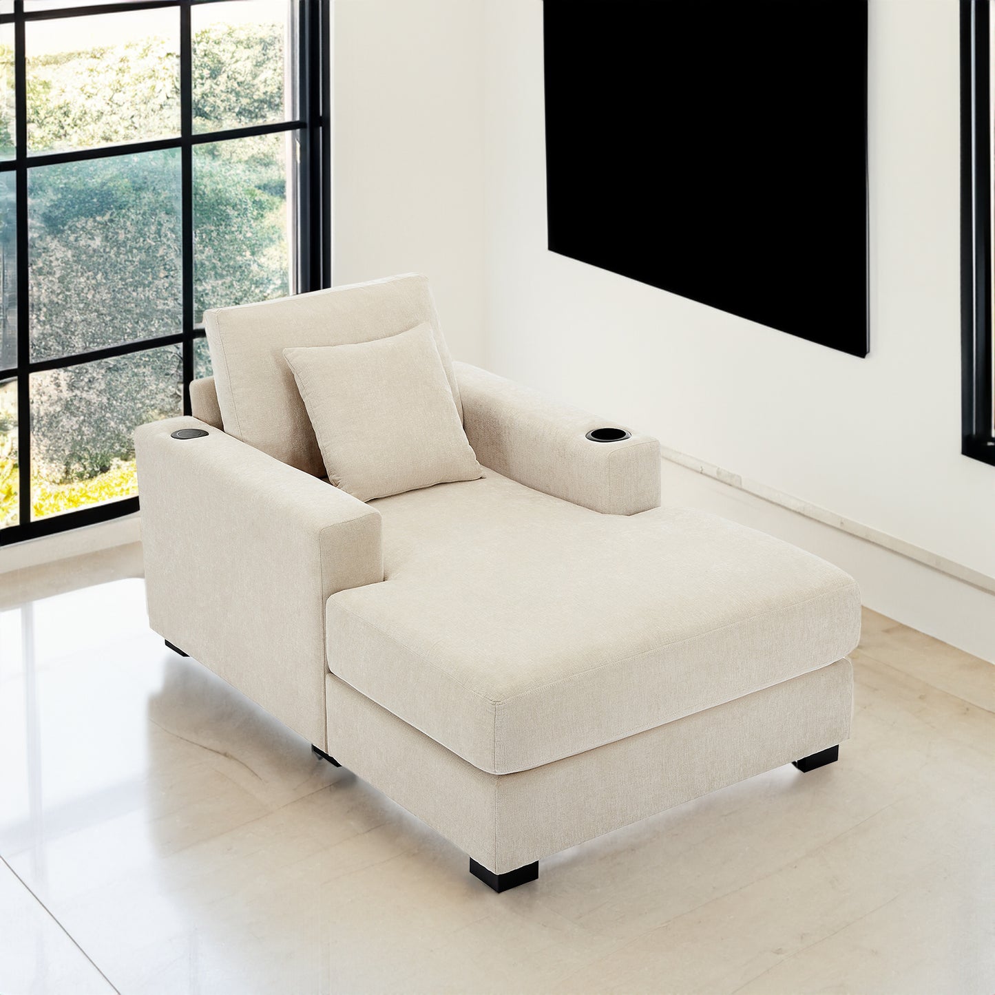 39.7" Oversized Chaise Lounger Modern Style Sofa Couch ,with Pillows, Charge Station & Cup Holders, Chenille Fabric, Cream Shello Creative Boutique