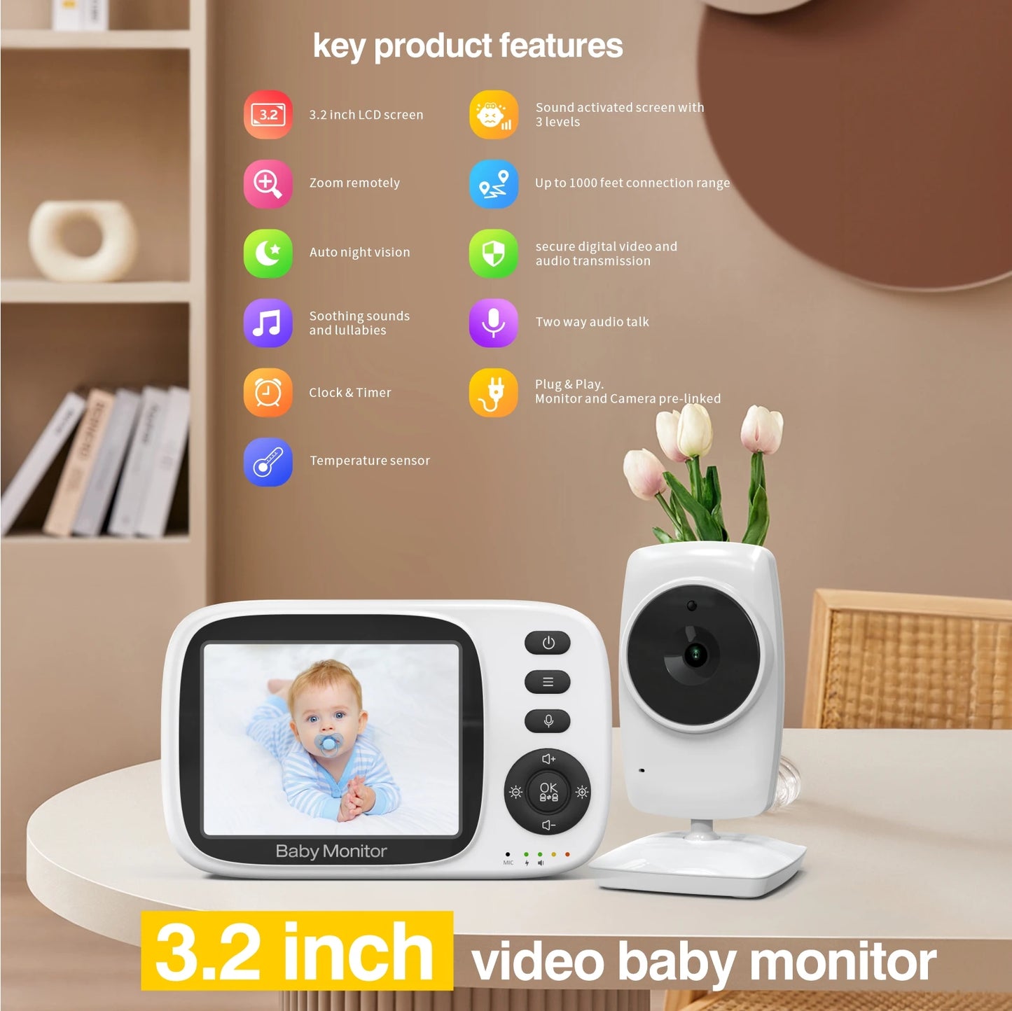 Video Baby Monitor 2.4G Wireless with 3.2 Inches LCD 2 Way Audio Talk Night Vision Surveillance Security Camera Babysitter eprolo