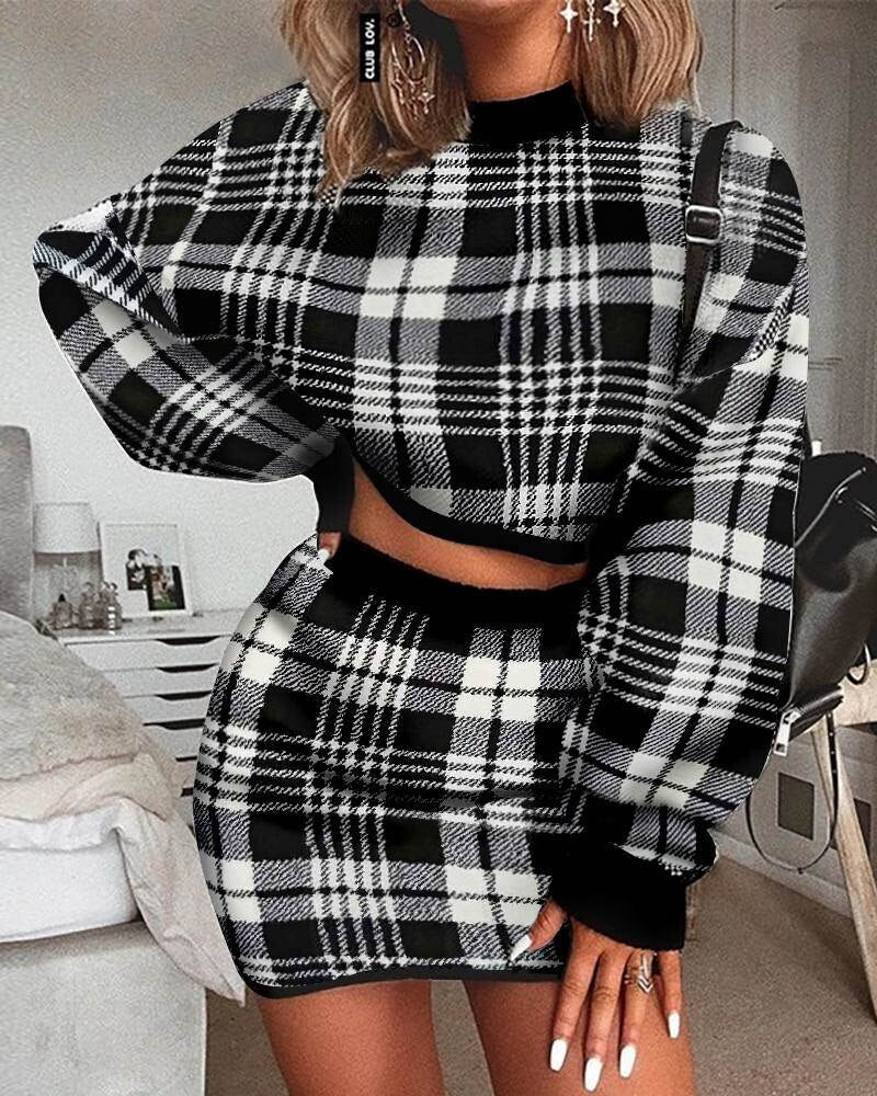 Women's Tracksuit Elegant Office Two Piece Set Plaid Sweater Outfit Long Sleeve Crop Top And Skirt Sets Sexy Fashion Dress Set eprolo