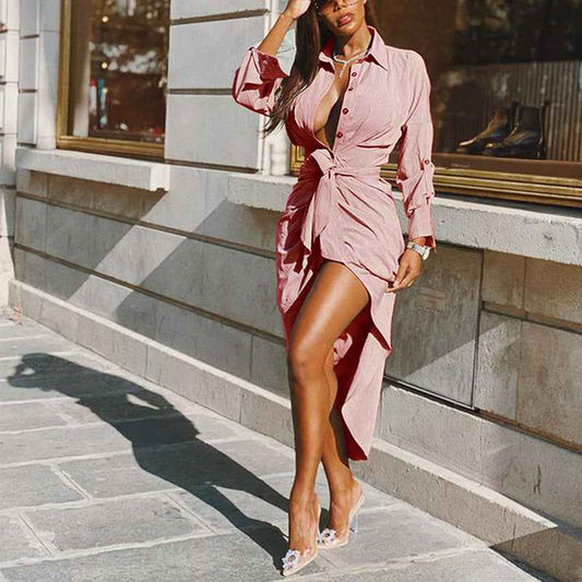 Women's Temperament Sexy Lace Waist Slim Pleated Long Back Shirt Dress