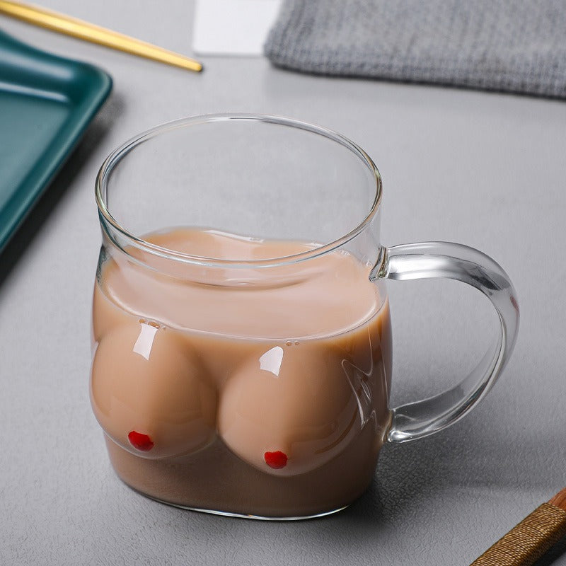 Cartoon Chest Cup Glass Drinking Cup Transparent Tea Cup Household Milk Coffee Juice Breakfast Cup Glass With Handle eprolo