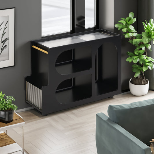 Stylish mobile desk with lockable wheels,bedside table with 5mm thick grooved tempered glass and gold round bars ,black eprolo