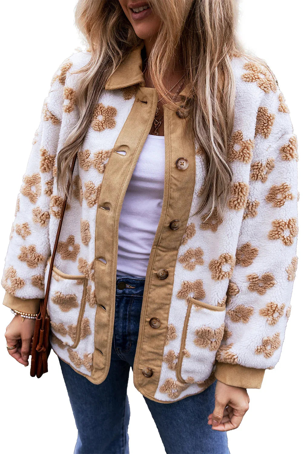 Light French Beige Fleece Jacket - Floral Button-Up Coat - Shello's Creative Boutique