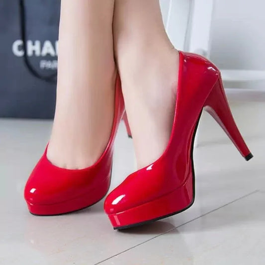 Patent Leather Fashion Shallow Mouth Low Stiletto Heel Super High Heels - Shello's Creative Boutique