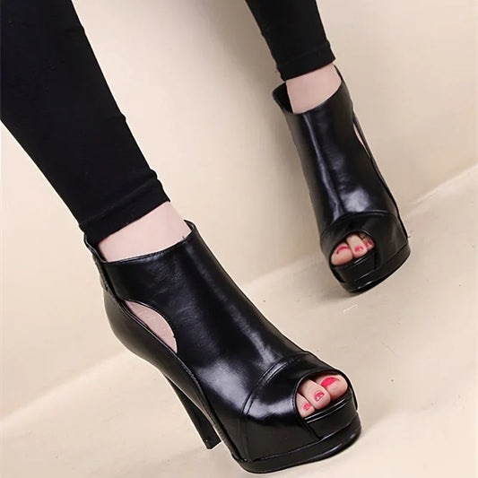 Black Platform Stiletto Cut-Out Pumps – Peep Toe French Heel High Heels for Women, Fall Fashion Footwear - Shello's Creative Boutique