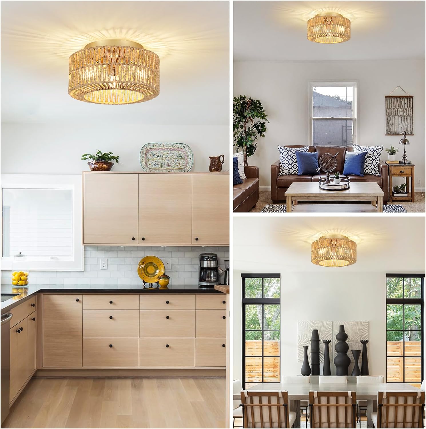 Boho Light Fixtures Ceiling Mount 3-Light Farmhouse Rattan Ceiling Light Fixture Flush Mount Ceiling Light with Hand-Woven Shade eprolo