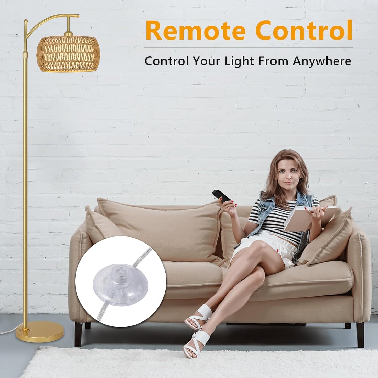 Arc Floor Lamp with 3 Color Temperatures, LED Gold Floor Lamp with Remote & Stepless Dimmable Bulb, Boho Standing Lamp eprolo