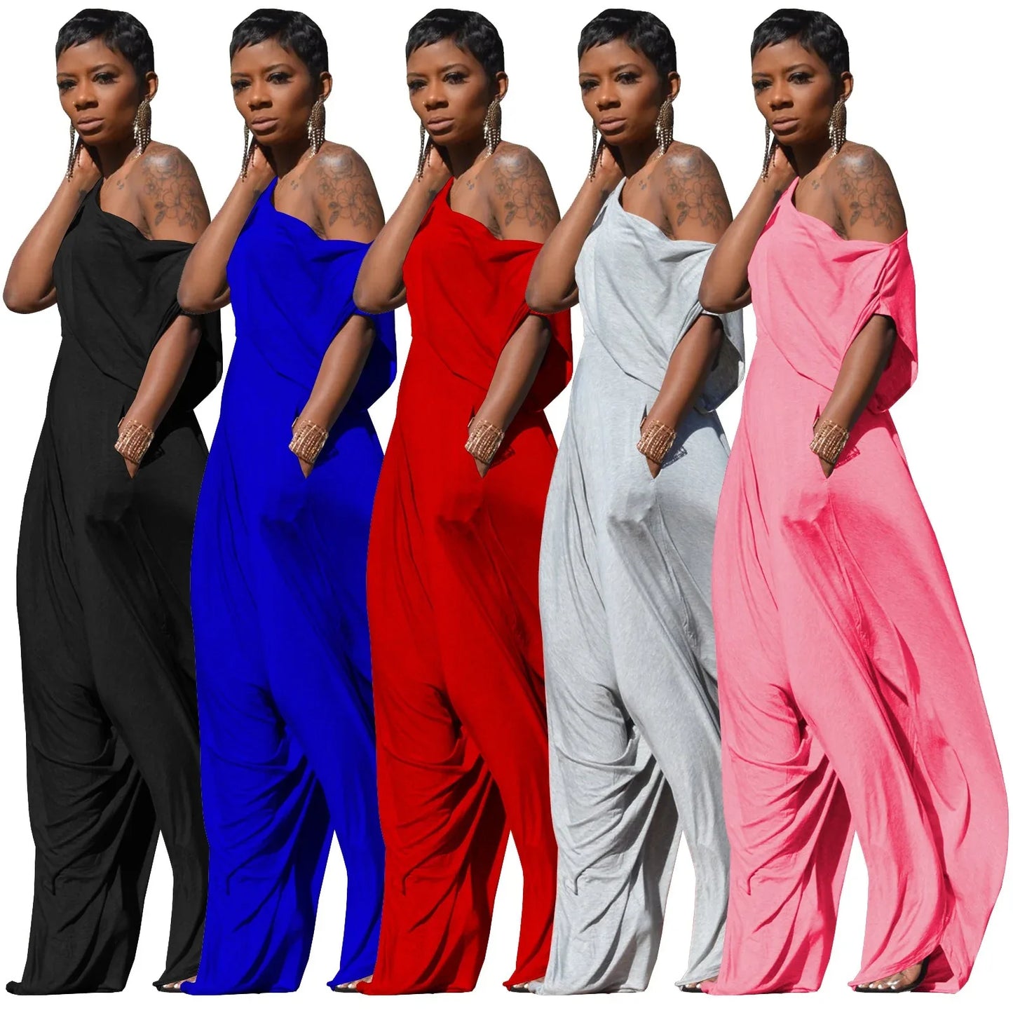 Casual solid color cotton diagonal shoulder Harlan pants set, two-piece set - Shello's Creative Boutique