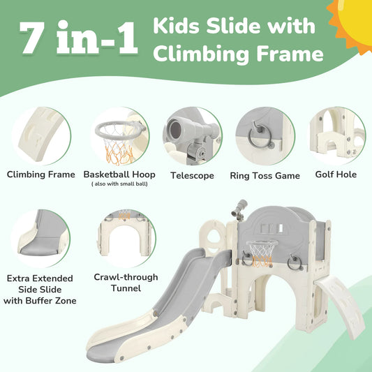 Kids Slide Playset Structure 7 in 1, Freestanding Spaceship Set with Slide, Arch Tunnel Grey+White + HDPE - Shello's Creative Boutique