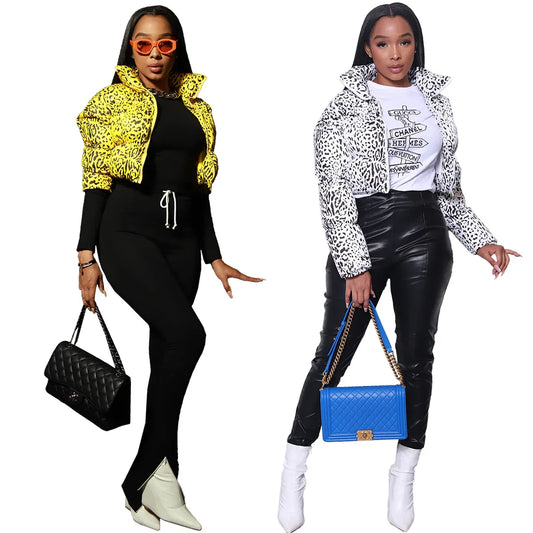 Pure Cotton Heavy Coat Women Autumn And Winter Warming Leopard Print Outwear Turtleneck Sheath High Wasit Street Wear - Shello's Creative Boutique