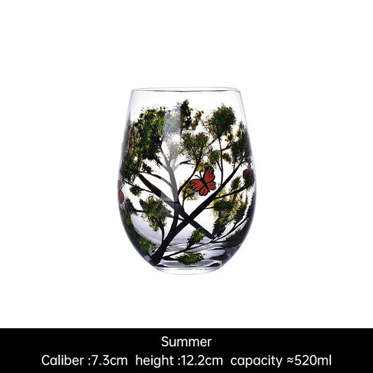 Light luxury ins crystal glass wine glass hand-painted household goblet four seasons painted wine glass - Shello's Creative Boutique