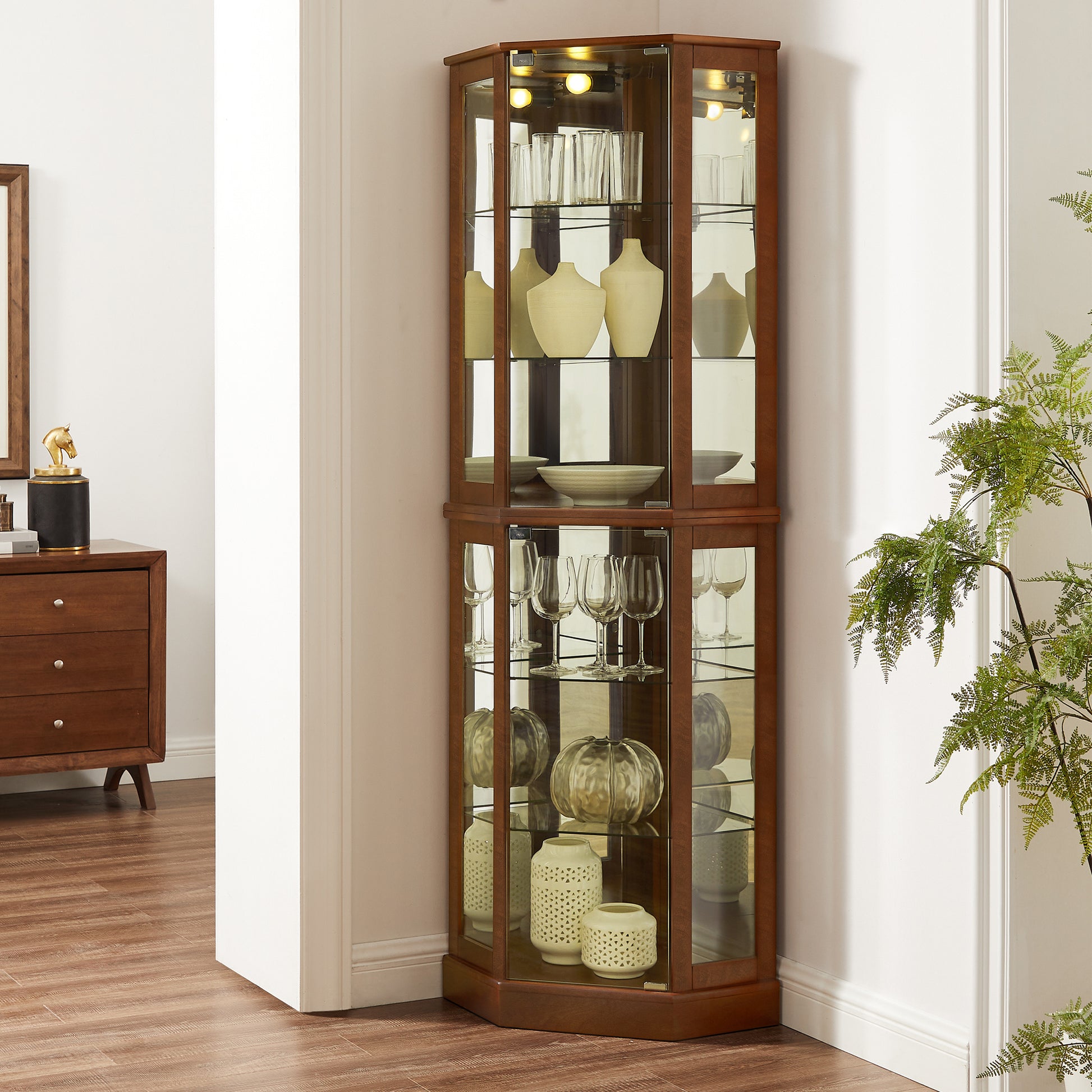 6 shelves corner Curio display cabinet with light mirror and adjustable shelves, walnut wood (excluding E26 light bulbs) eprolo
