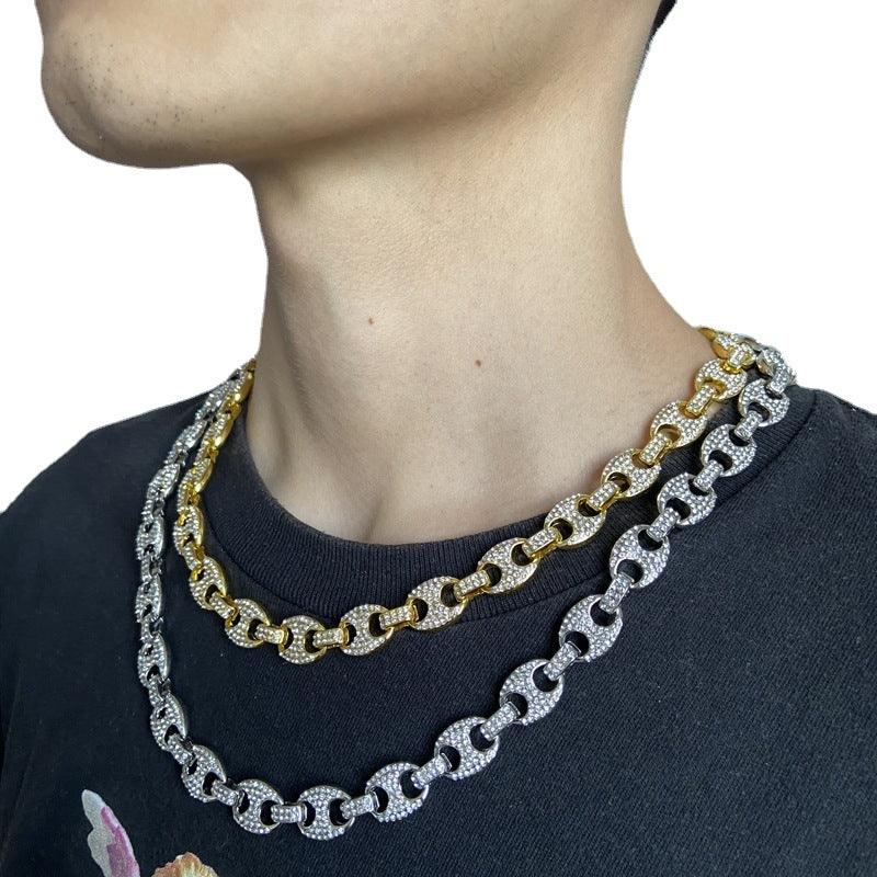 Large Pig Nose 12mm Hip Hop Cuban Link Chain Men Coffee Bean Clavicle Chain Men - Shello's Creative Boutique