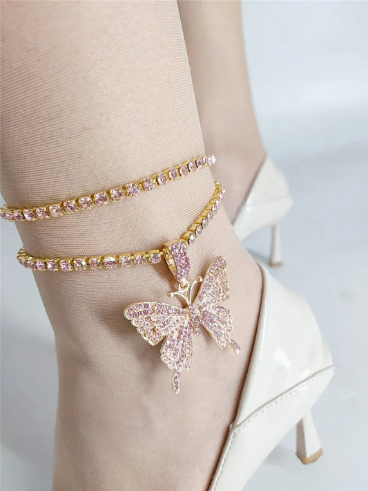 Diamond Butterfly Pendant Double Anklet - Shello's Creative Boutique