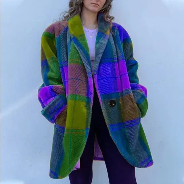 Panelled Plaid Women Jacket Long Sleeve Pocket Single Breasted Casual Female Coat Spring V-neck Elegant Lady Overcoat - Shello's Creative Boutique