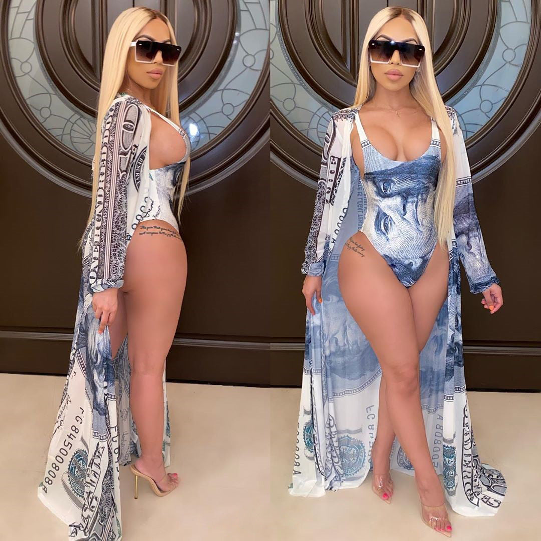 Joskaa Money Print Beach Wear Swimming Suit for Women Summer Two Piece Set Bathing Suit Sexy Swimwear with Cover Up Set