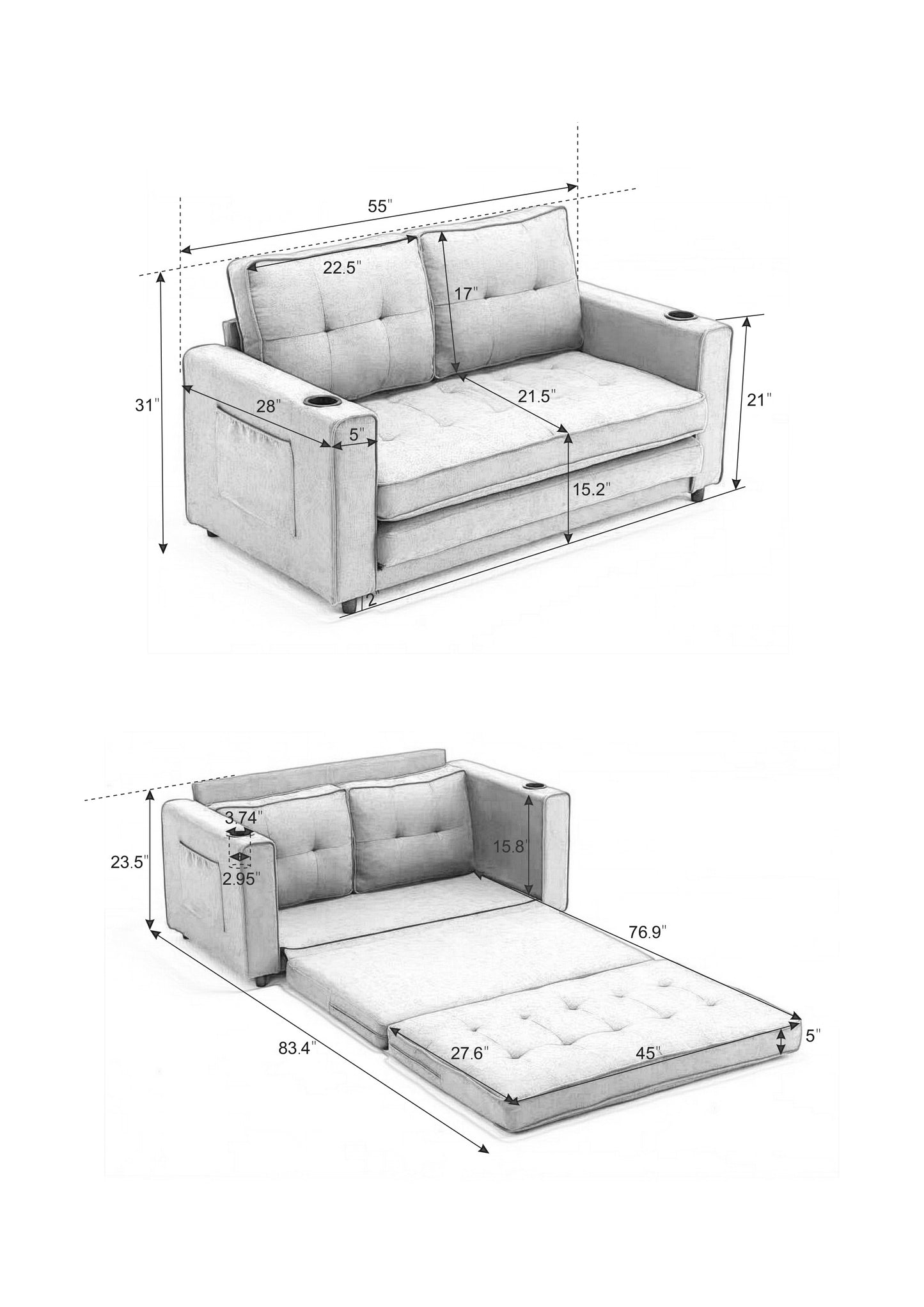 Three in one soft cushion cushion cushion sofa, folding mattress sofa bed, with side pockets and cup holder, dark gray eprolo