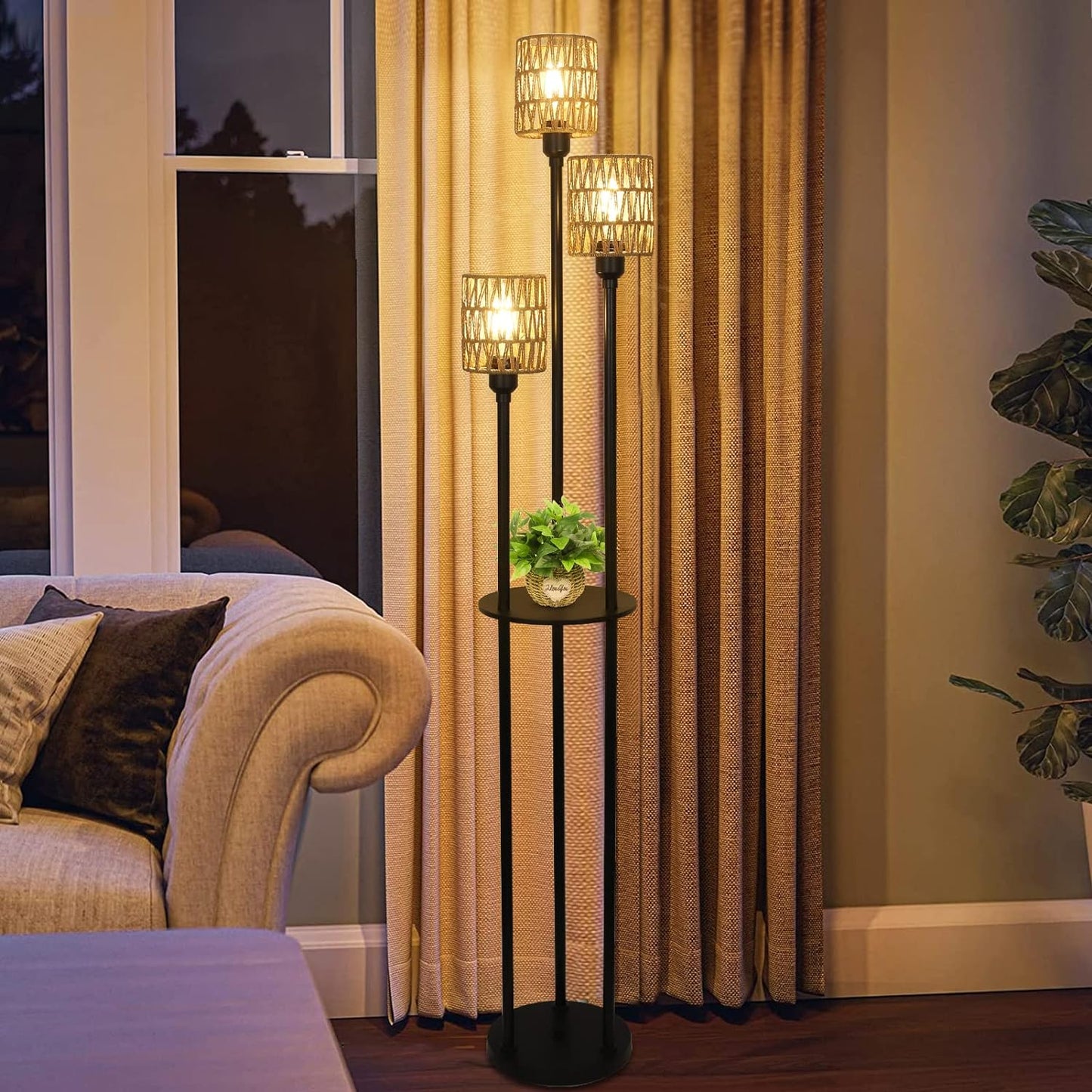 Boho Floor Lamp with Shelves 3-Lights Farmhouse Tall Floor Lamp with ON/OFF Foot Switch Rustic Standing Lamp with Rattan Shades eprolo