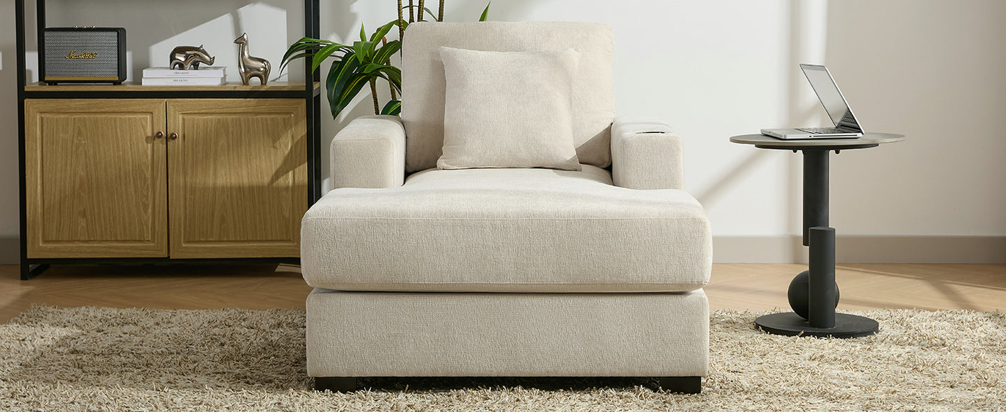 39.7" Oversized Chaise Lounger Modern Style Sofa Couch ,with Pillows, Charge Station & Cup Holders, Chenille Fabric, Cream Shello Creative Boutique