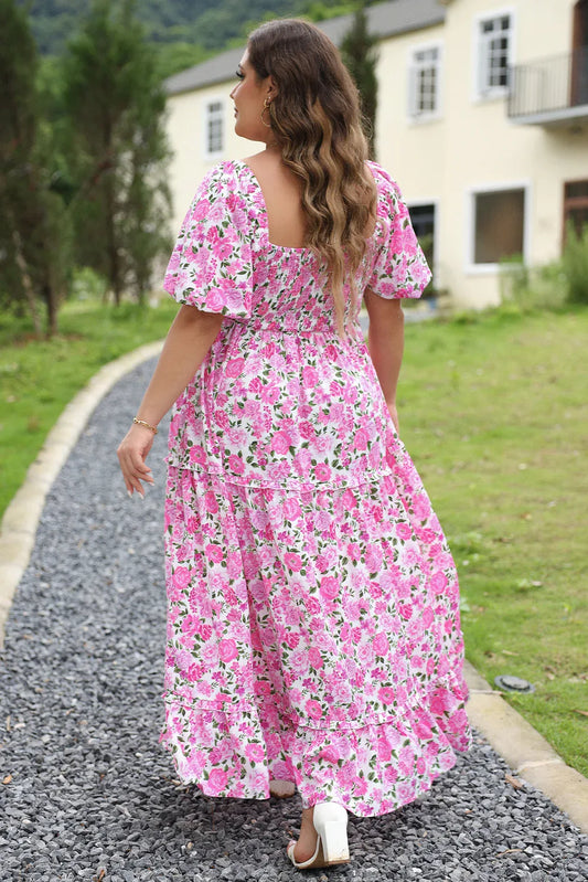 Plus Size Pink Floral Maxi Dress - Flattering Smocked Waist & Puff Sleeves - Shello's Creative Boutique