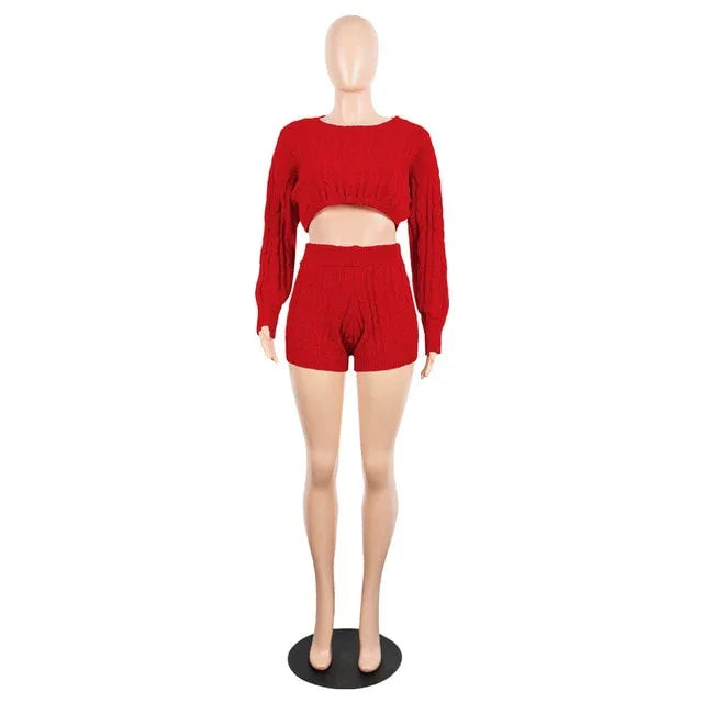 2 Two Piece Women Long Sleeve Knit Sweater Tops+Bodycon Shorts Suit Sexy Matching Sets - Shello's Creative Boutique