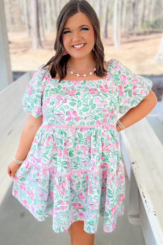 White Floral Print Ric-Rac Trim Square Neck Plus Size Mini Dress - Whimsical Elegance for Every Occasion! - Shello's Creative Boutique