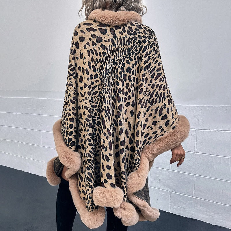 Autumn and Winter Wool Collar Cape Cardigan Leopard Cape Sweater Women eprolo