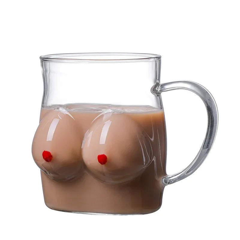 Cartoon Chest Cup Glass Drinking Cup Transparent Tea Cup Household Milk Coffee Juice Breakfast Cup Glass With Handle - Shello's Creative Boutique