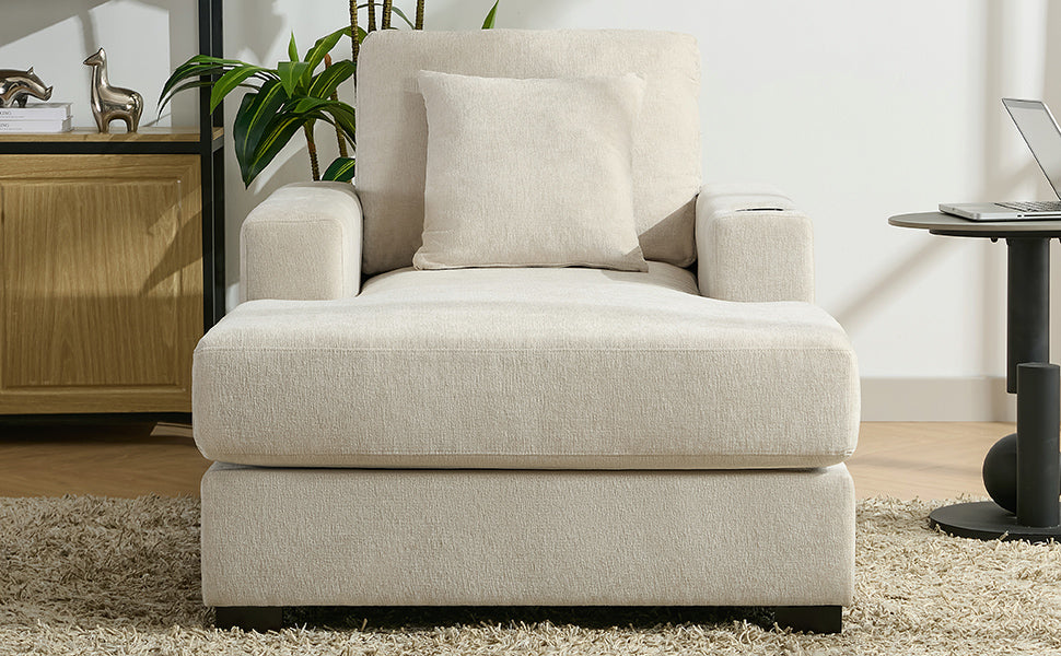 39.7" Oversized Chaise Lounger Modern Style Sofa Couch ,with Pillows, Charge Station & Cup Holders, Chenille Fabric, Cream Shello Creative Boutique