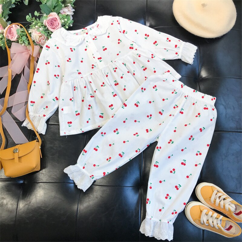 Kids Girls Summer Pajamas Children Sleepwear Baby Pajamas Sets Girls Flower Lace Cotton Nightwear Clothes Kids Clothing 2-7Y eprolo