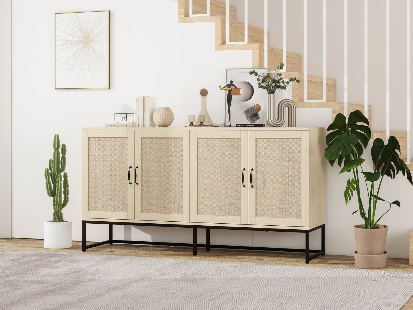 Luxury Rattan 4-Door Storage Cabinet - Large Sideboard Buffet with Elegant Design