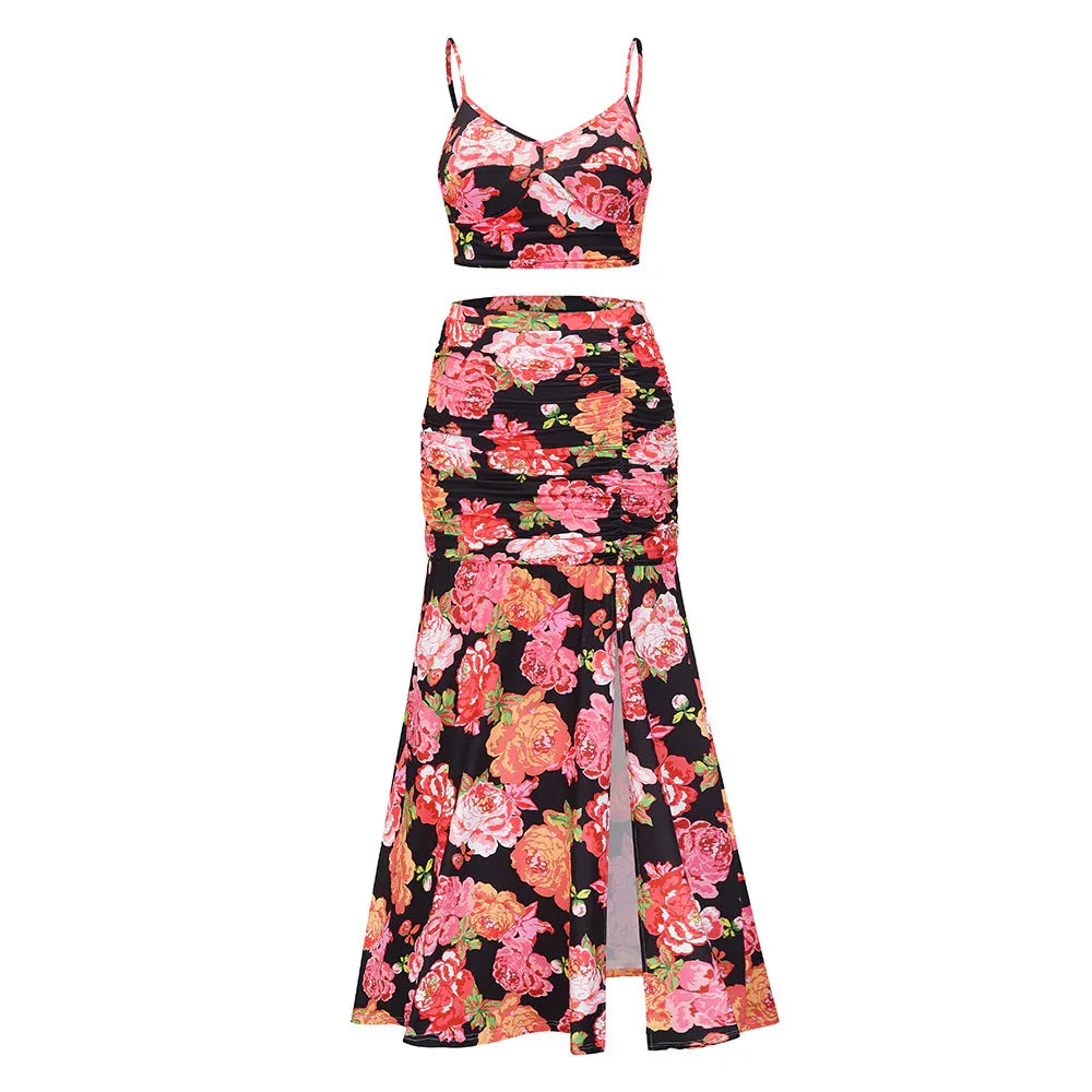 Plus Size Printed Two-Piece Dress with Slit - Pleated Sling Dress Set - Shello's Creative Boutique