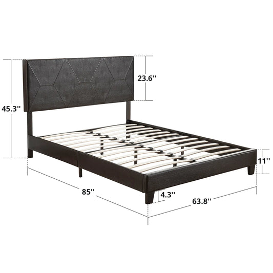 Queen Size Upholstered Platform Bed Frame Wood Slat Support Easy Assembly Black pu - Shello's Creative Boutique
