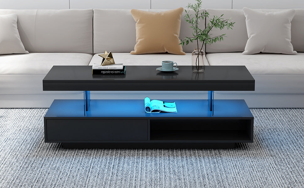 U-Can LED coffee table with storage space, modern central table with 2 drawers and display rack, equipped with LED lights, black eprolo