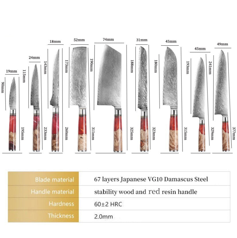 XUANFENG set of vg10 steel kitchen knife brocade machete chef knife bread knife blue resin and color wooden handle kitchen tools eprolo