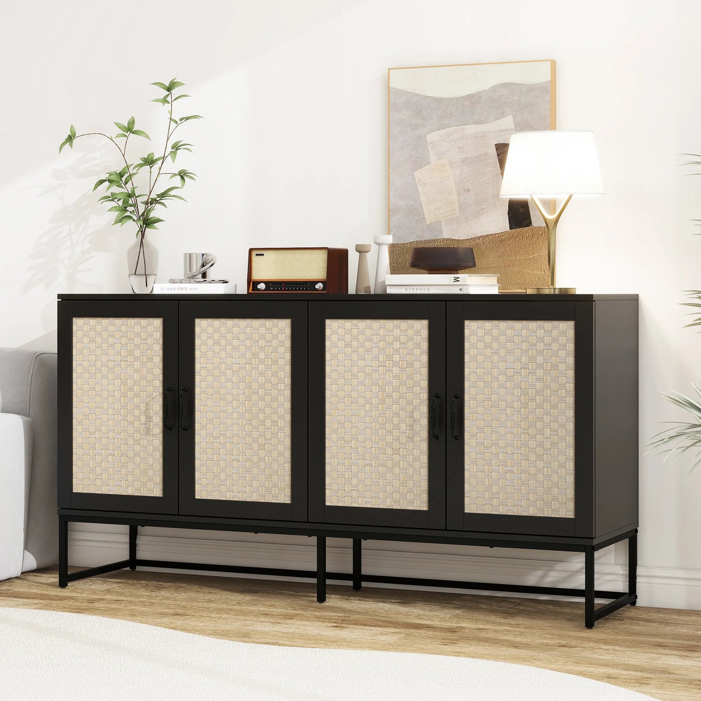 Rattan 4-Door Sideboard , Sideboard Buffet Storage Cabinet,Accent Storage Cabinet , Large Cabinet With 4 Rattan Decorated Doors - Shello's Creative Boutique