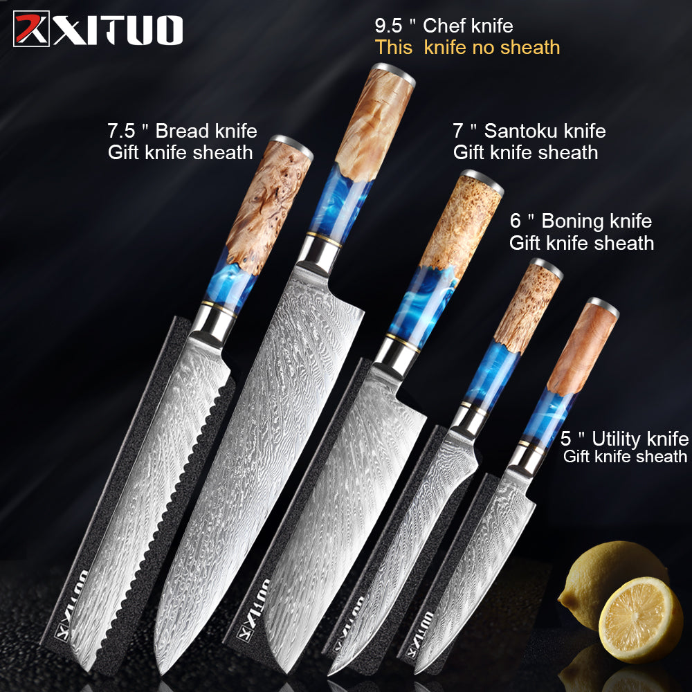 XITUO Kitchen Knives-Set Damascus Steel VG10 Chef Knife Cleaver Paring Bread Knife Blue Resin and Color Wood Handle Cooking Tool eprolo