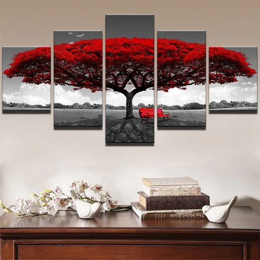 Modular Canvas HD Prints Posters Home Decor Wall Art Pictures 5 Pieces Red Tree Art Scenery Landscape Paintings Framework PENGDA - Shello's Creative Boutique