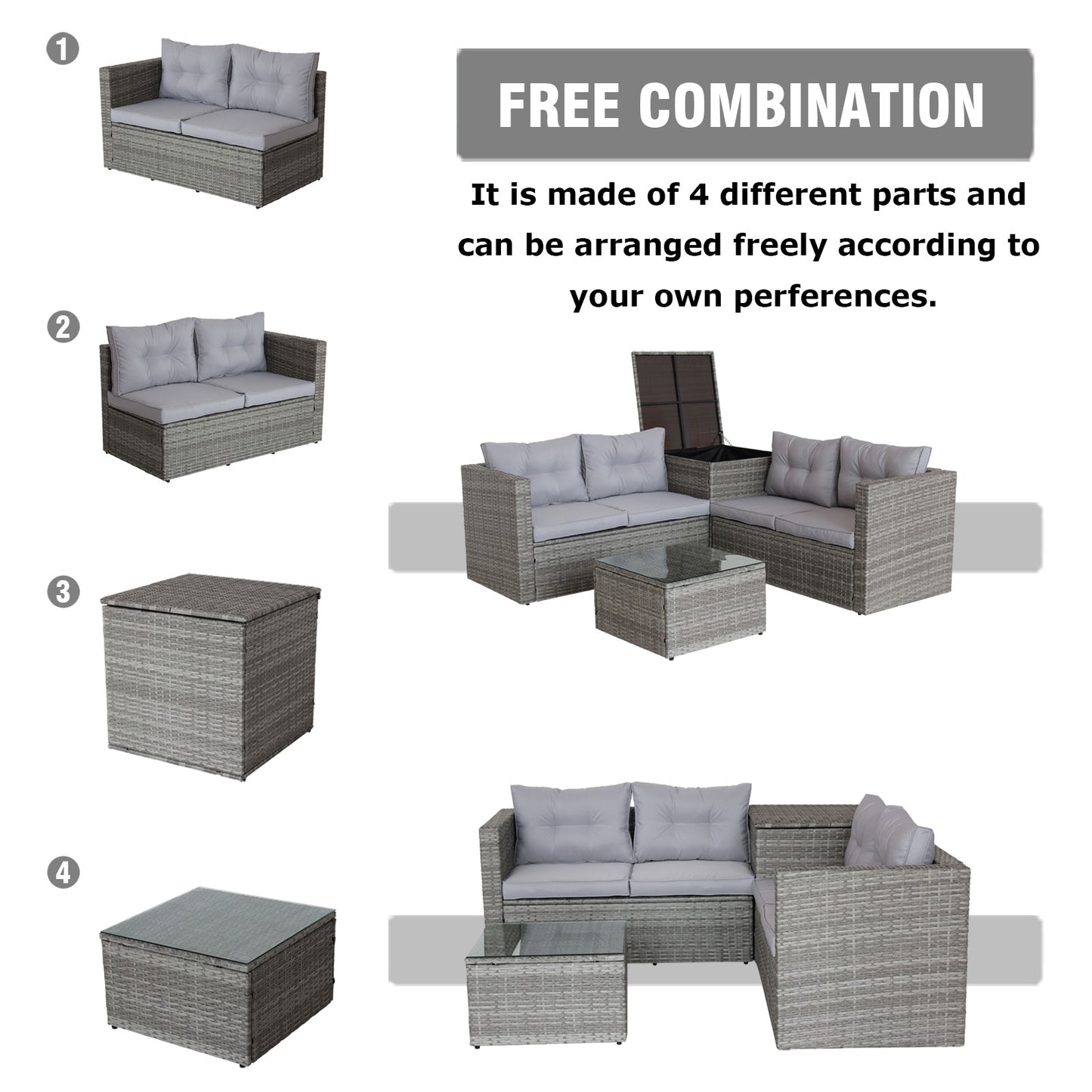 4 Piece Patio Sectional Wicker Rattan Outdoor Furniture Sofa Set with Storage Box Grey eprolo