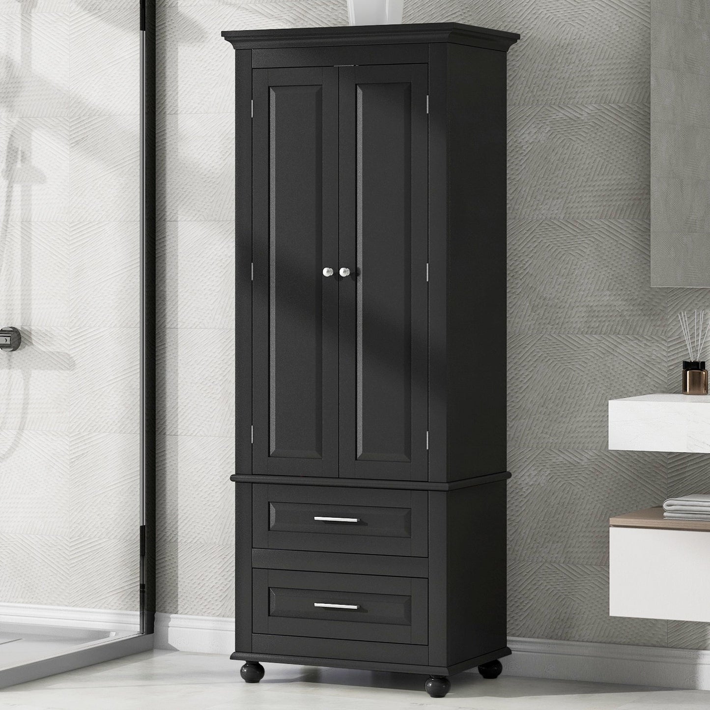 Tall Storage Cabinet with Two Drawers for Bathroom/Office, Black eprolo