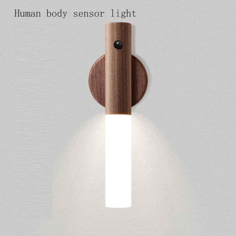 Intelligent Body Sensor Lamp USB Rechargeable Wood Grain Table Lamp for Bedroom and Corridor