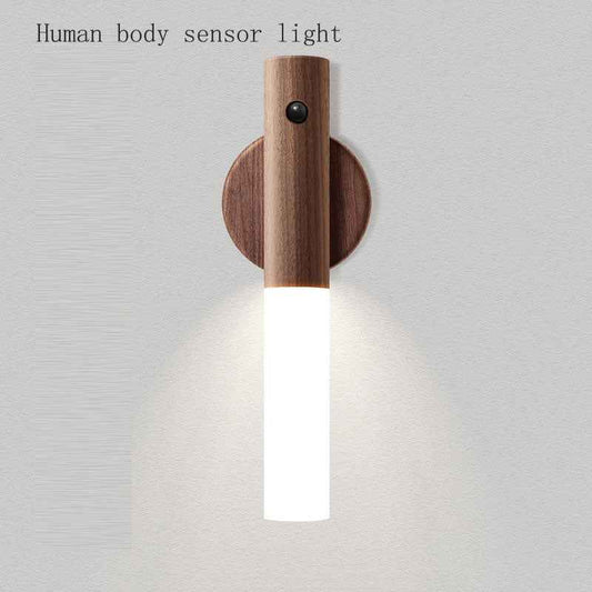 Intelligent Body Sensor Lamp USB Rechargeable Wood Grain Table Lamp for Bedroom and Corridor