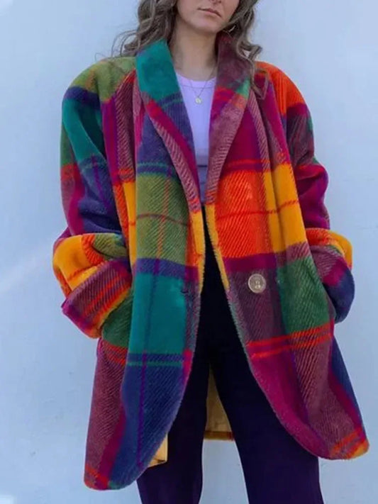 Panelled Plaid Women Jacket Long Sleeve Pocket Single Breasted Casual Female Coat Spring V-neck Elegant Lady Overcoat - Shello's Creative Boutique